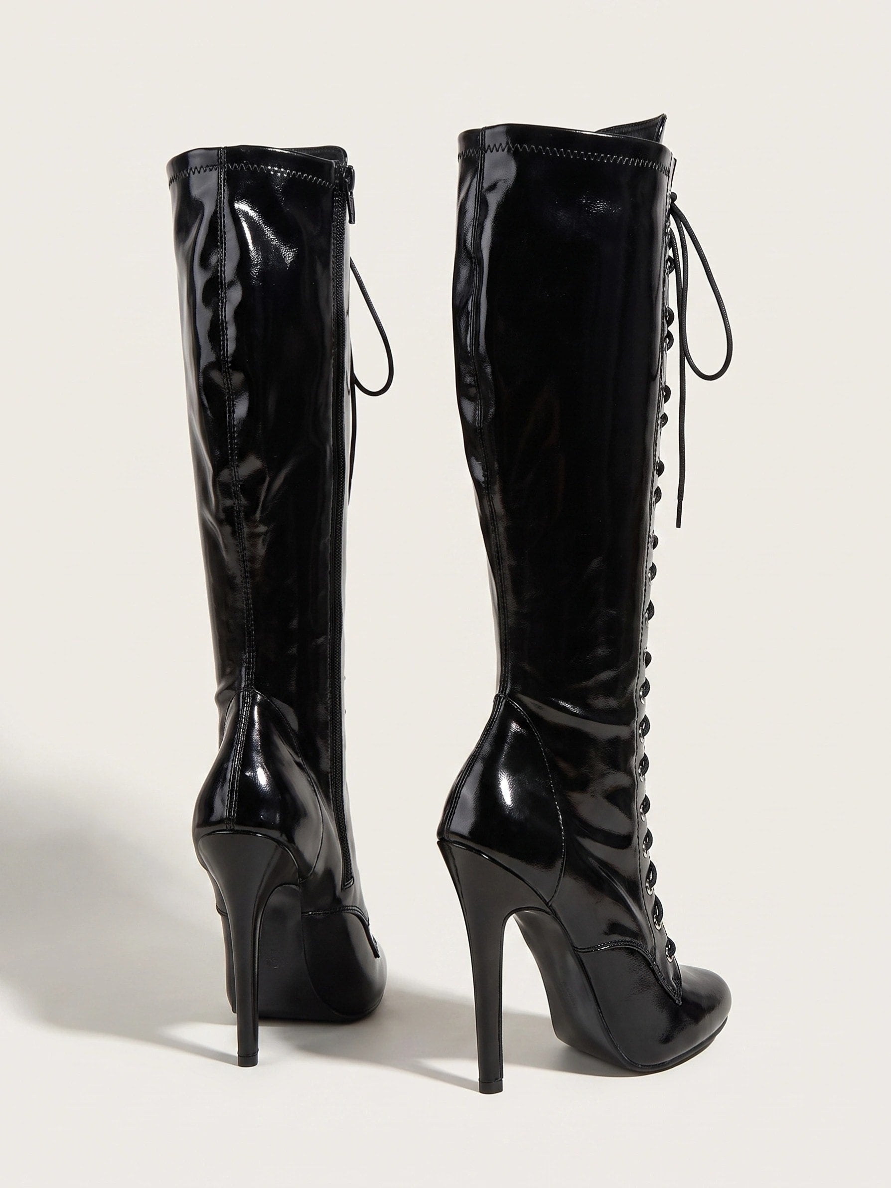 Women's Knee High Stiletto Boots with Lace Up Front and Pointed Toe