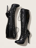 Women's Knee High Stiletto Boots with Lace Up Front and Pointed Toe