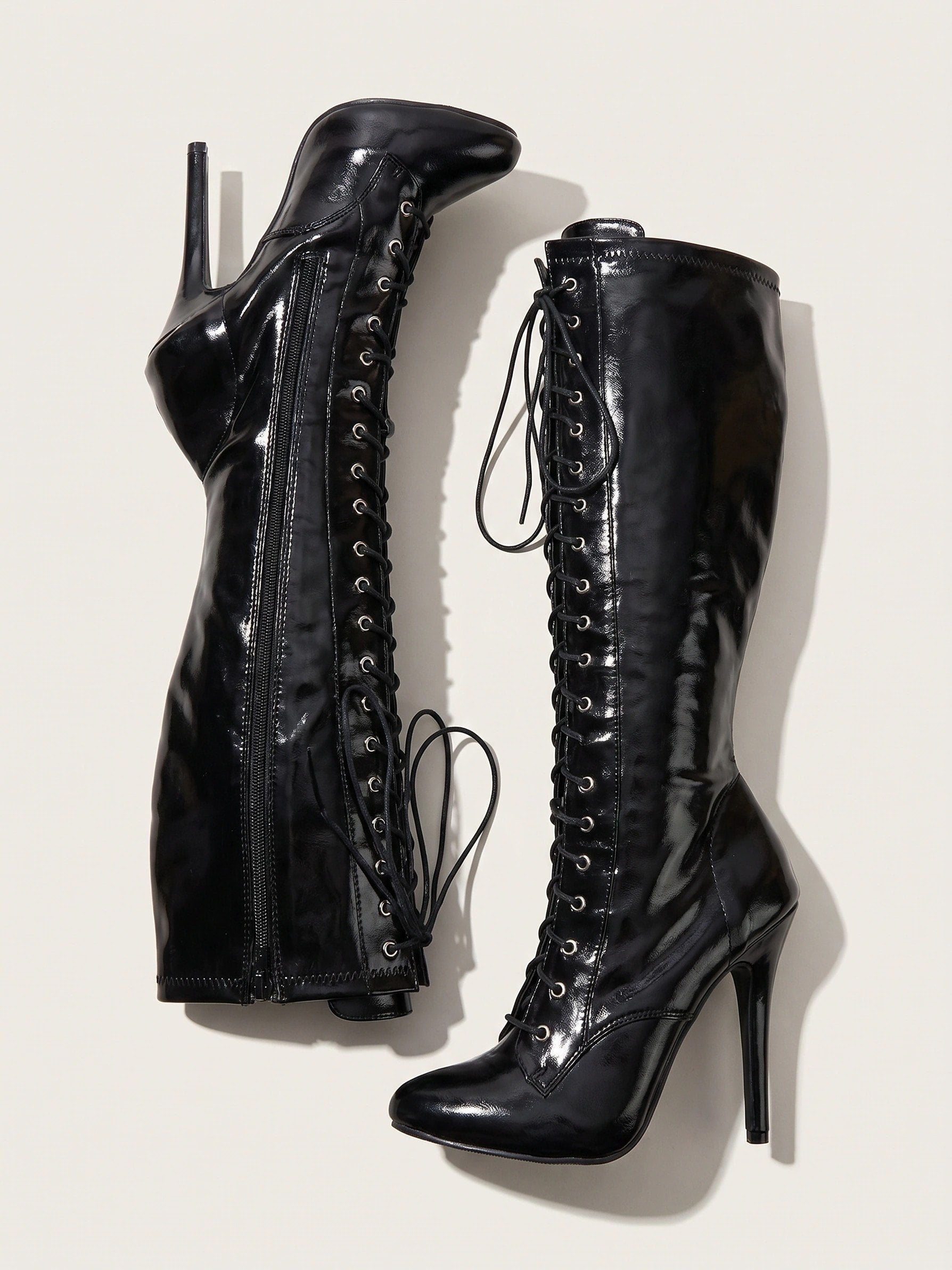 Women's Knee High Stiletto Boots with Lace Up Front and Pointed Toe