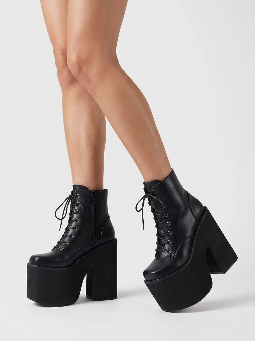 Women's Chunky Platform Block Heel Ankle Boots with Lace Up and Square Toe