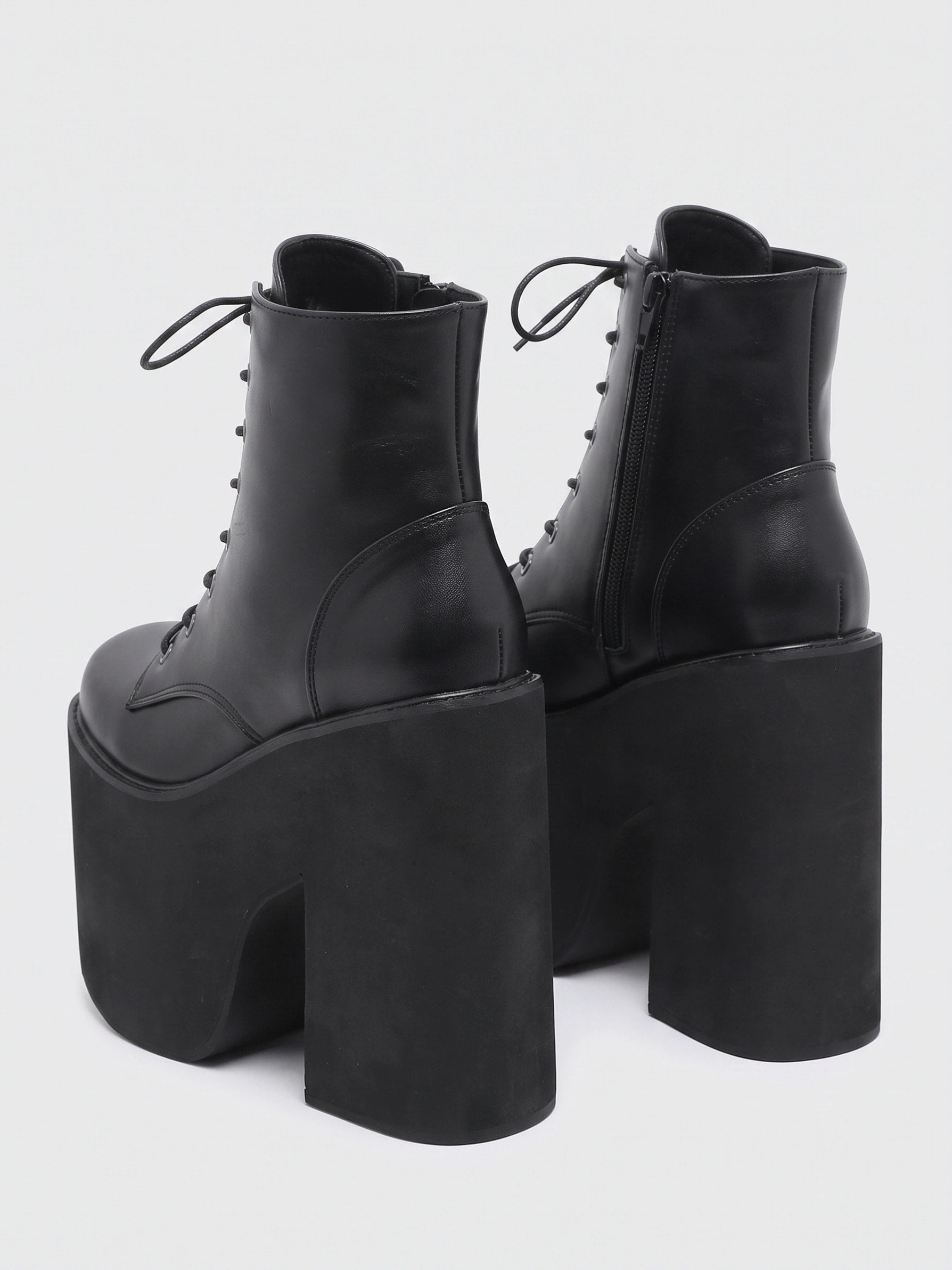 Women's Chunky Platform Block Heel Ankle Boots with Lace Up and Square Toe
