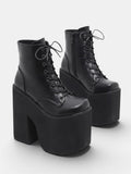 Women's Chunky Platform Block Heel Ankle Boots with Lace Up and Square Toe