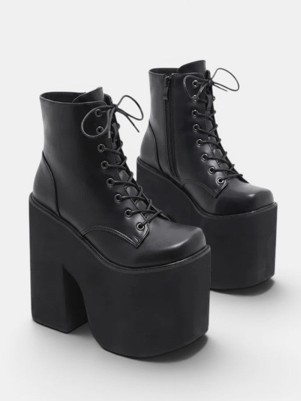 Women's Chunky Platform Block Heel Ankle Boots with Lace Up and Square Toe