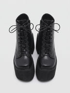Women's Chunky Platform Block Heel Ankle Boots with Lace Up and Square Toe