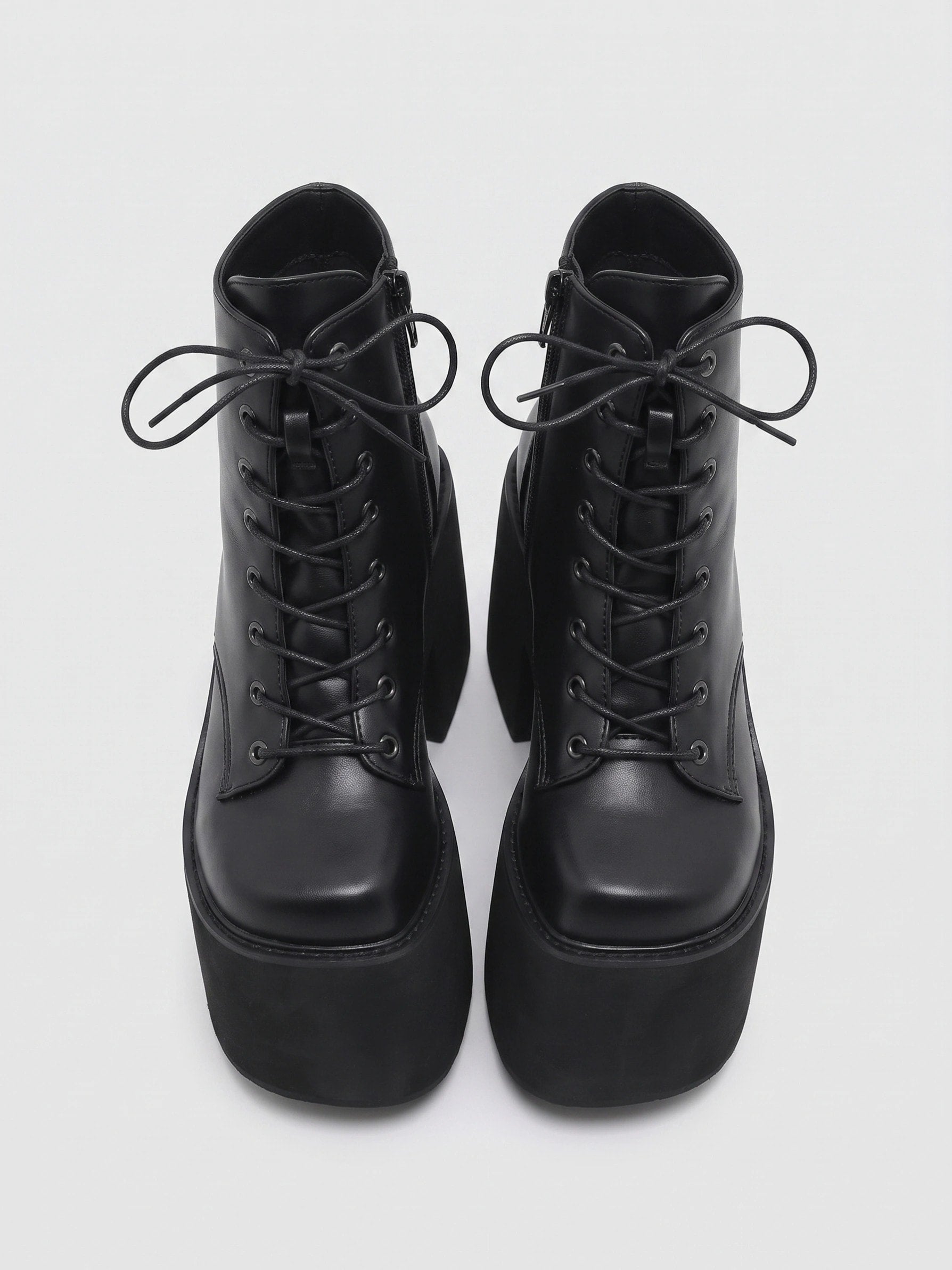 Women's Chunky Platform Block Heel Ankle Boots with Lace Up and Square Toe