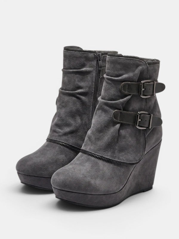 Women's Wedge Ankle Boots with Double Buckle