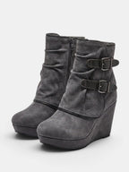 Women's Wedge Ankle Boots with Double Buckle