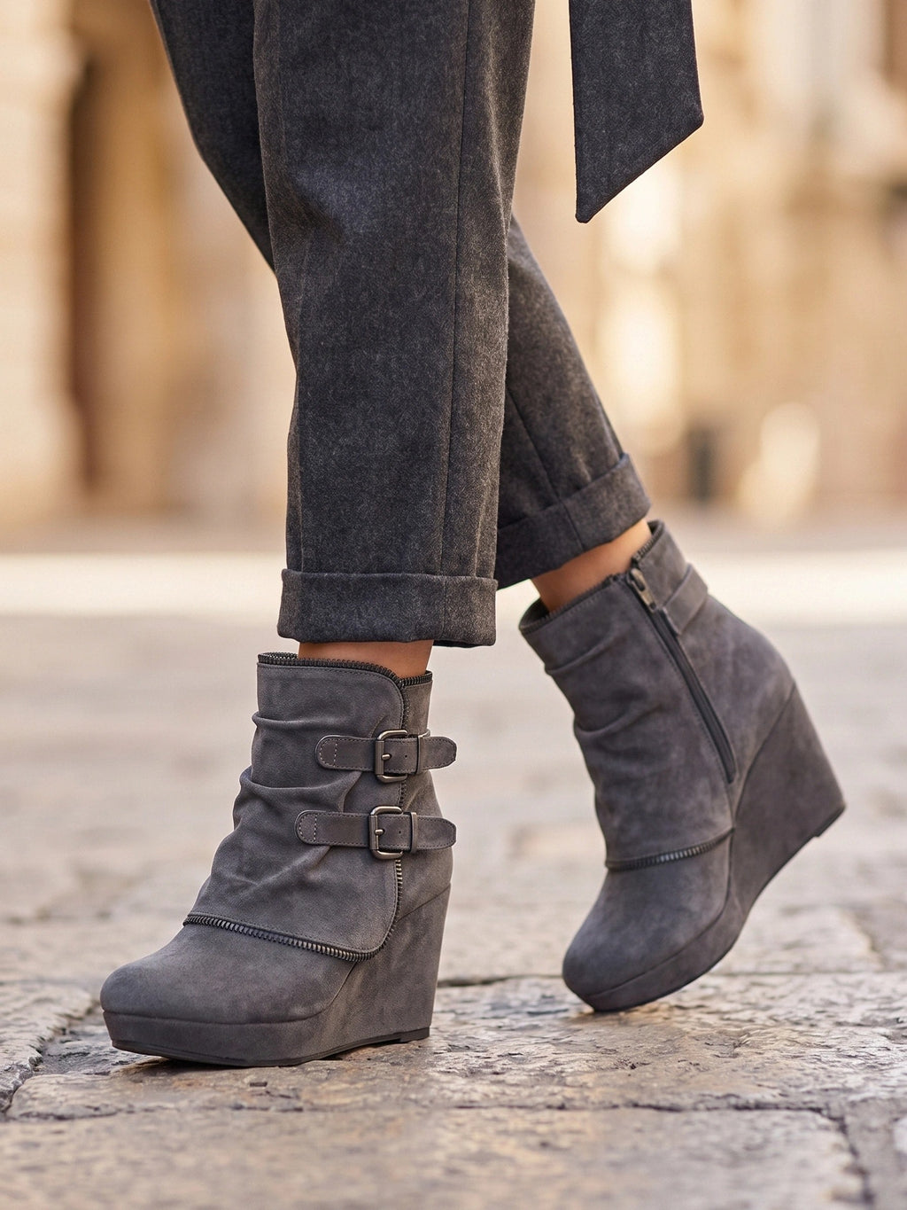 Women's Wedge Ankle Boots with Double Buckle
