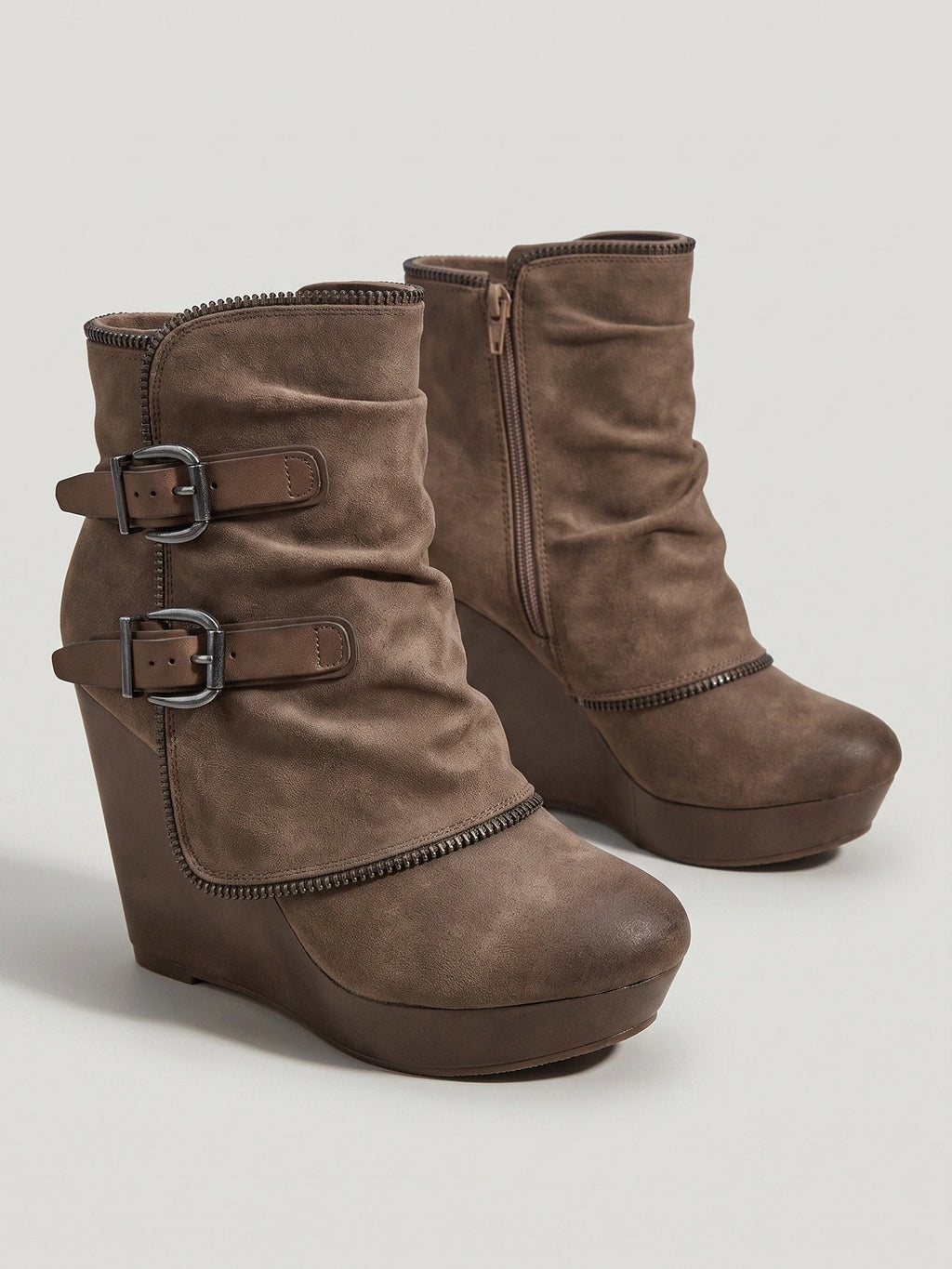 Women's Wedge Ankle Boots with Double Buckle