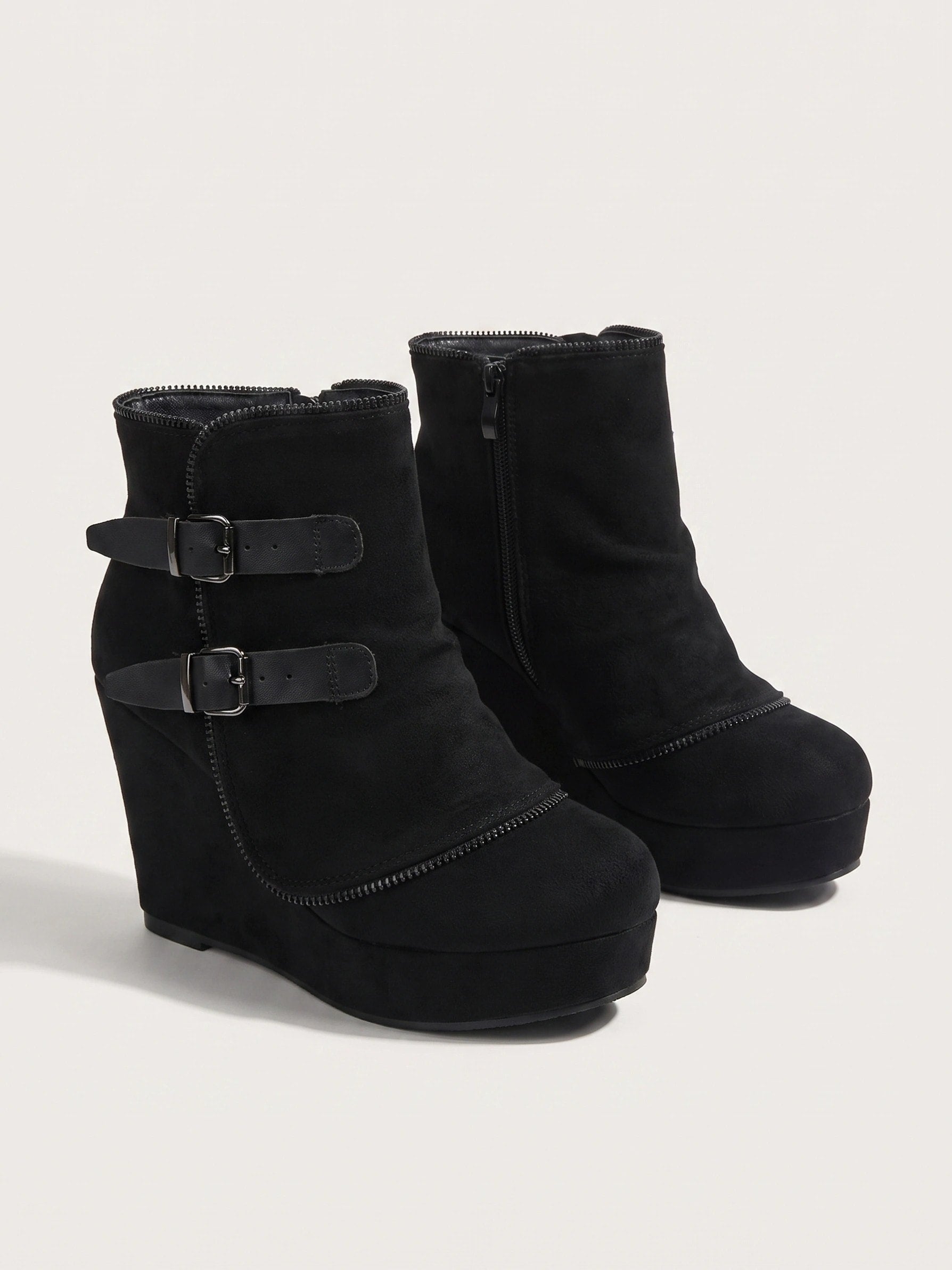 Women's Wedge Ankle Boots with Double Buckle