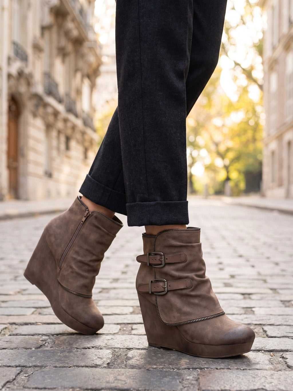 Women's Wedge Ankle Boots with Double Buckle