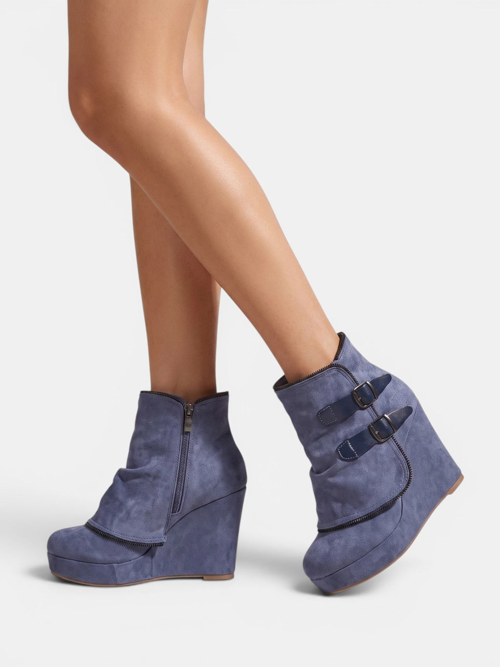 Women's Wedge Ankle Boots with Side Zip and Double Buckle Strap