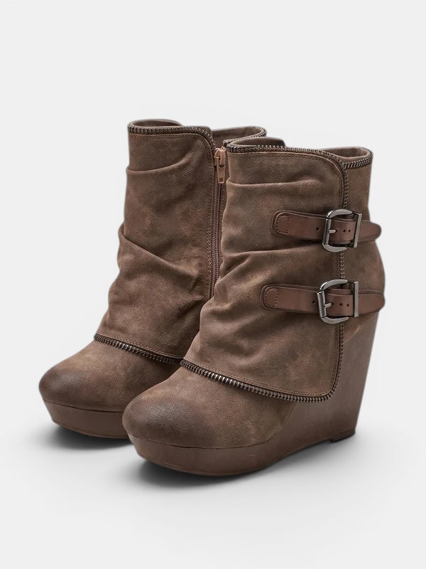 Women's Wedge Ankle Boots with Side Zip and Double Buckle Strap