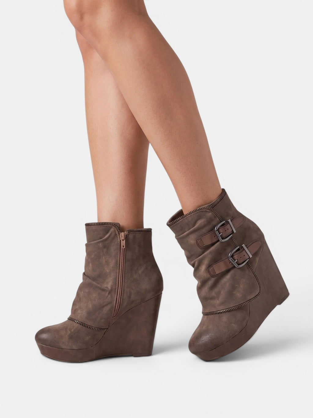 Women's Wedge Ankle Boots with Side Zip and Double Buckle Strap