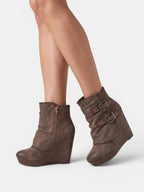 Women's Wedge Ankle Boots with Side Zip and Double Buckle Strap