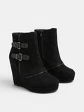 Women's Wedge Ankle Boots with Side Zip and Double Buckle Strap