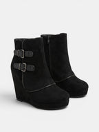 Women's Wedge Ankle Boots with Side Zip and Double Buckle Strap