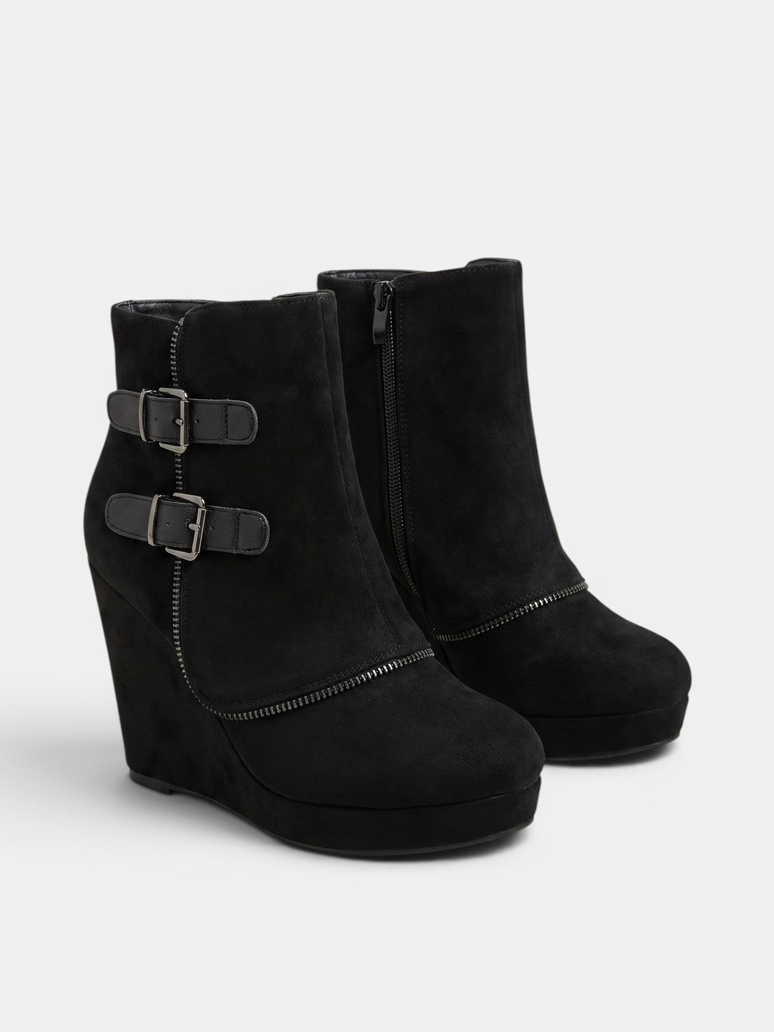 Women's Wedge Ankle Boots with Side Zip and Double Buckle Strap
