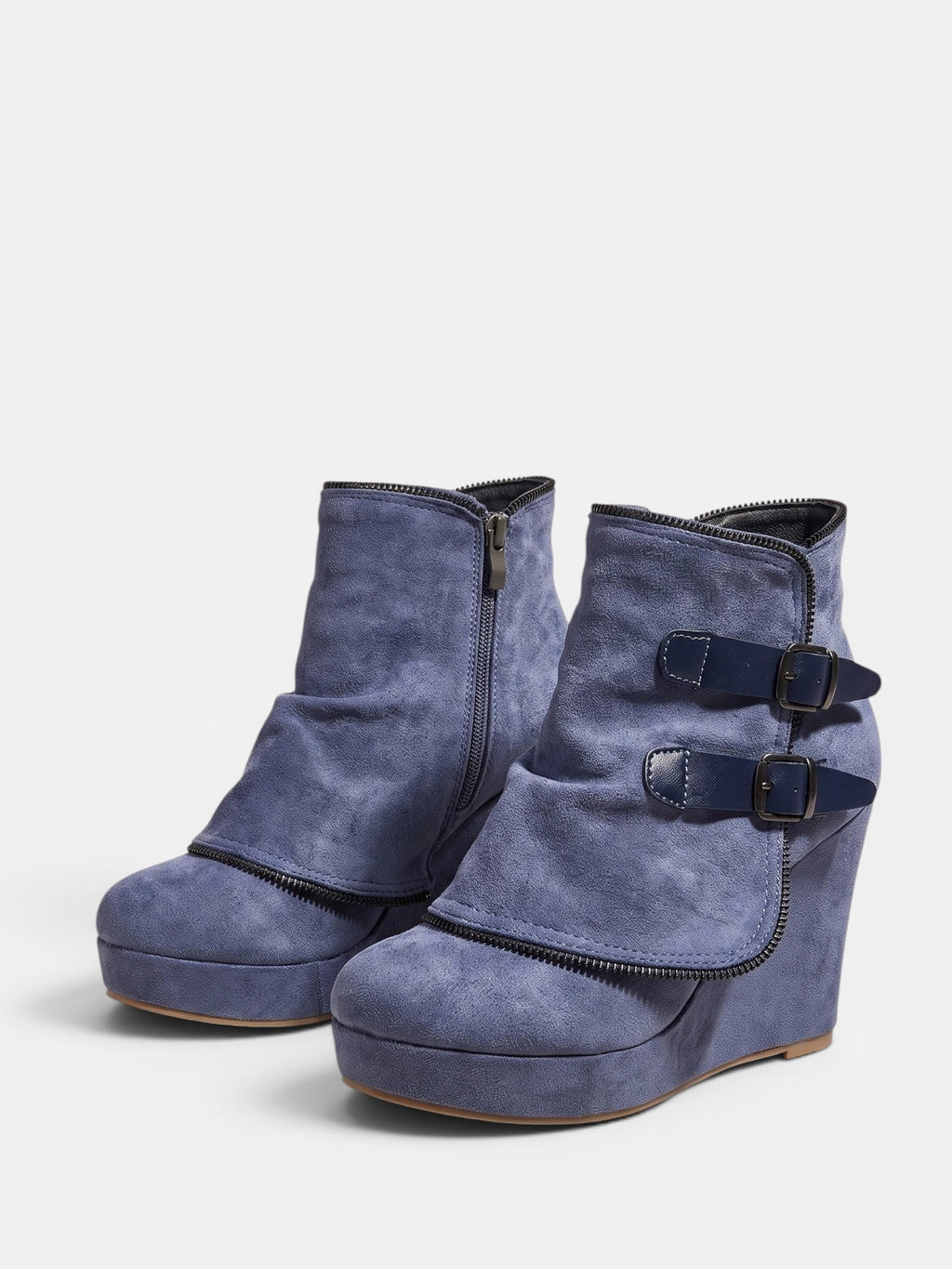 Women's Wedge Ankle Boots with Side Zip and Double Buckle Strap