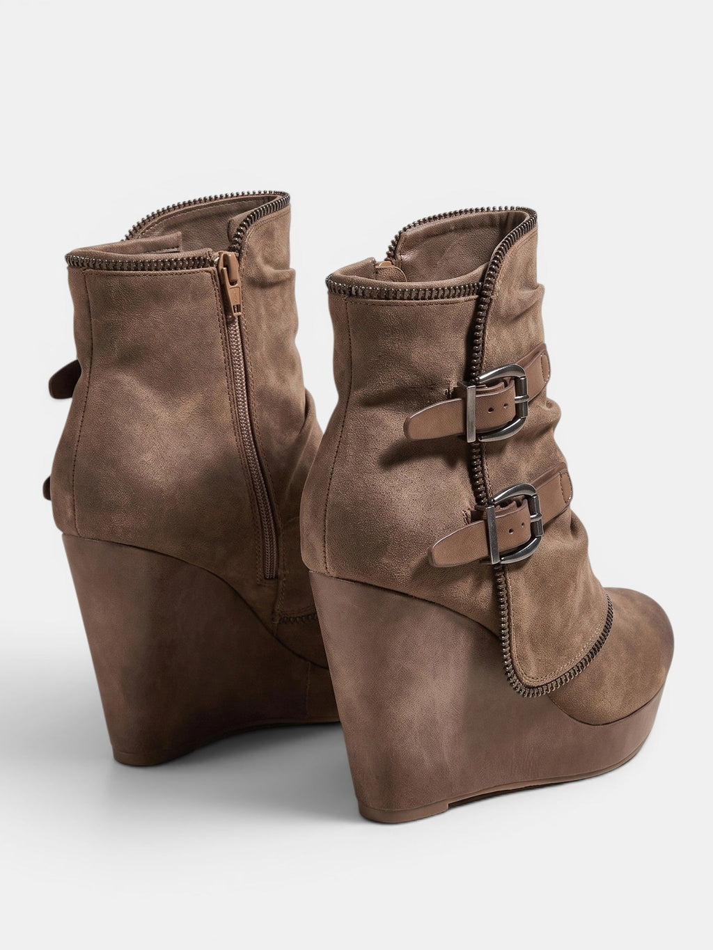 Women's Wedge Ankle Boots with Side Zip and Double Buckle Strap