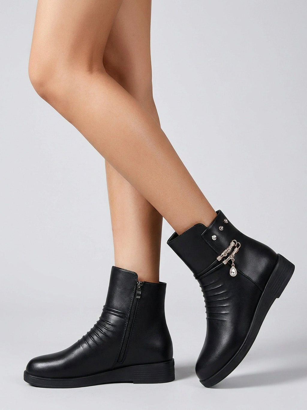 Women's Wedge Ankle Boots with Ruched Detail and Jewel Chain Embellishment