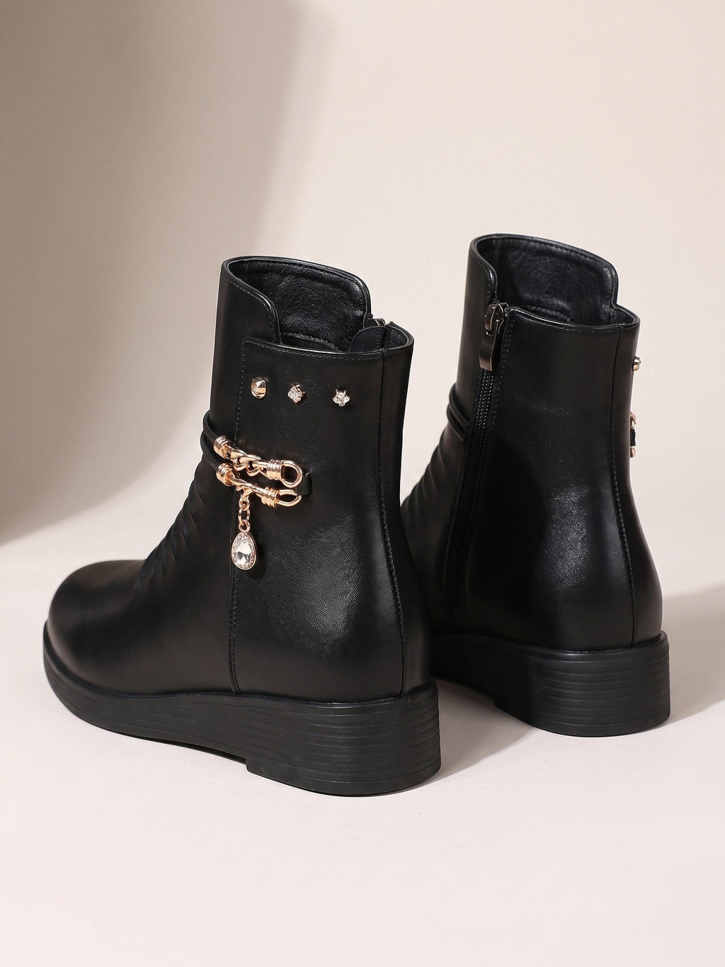 Women's Wedge Ankle Boots with Ruched Detail and Jewel Chain Embellishment