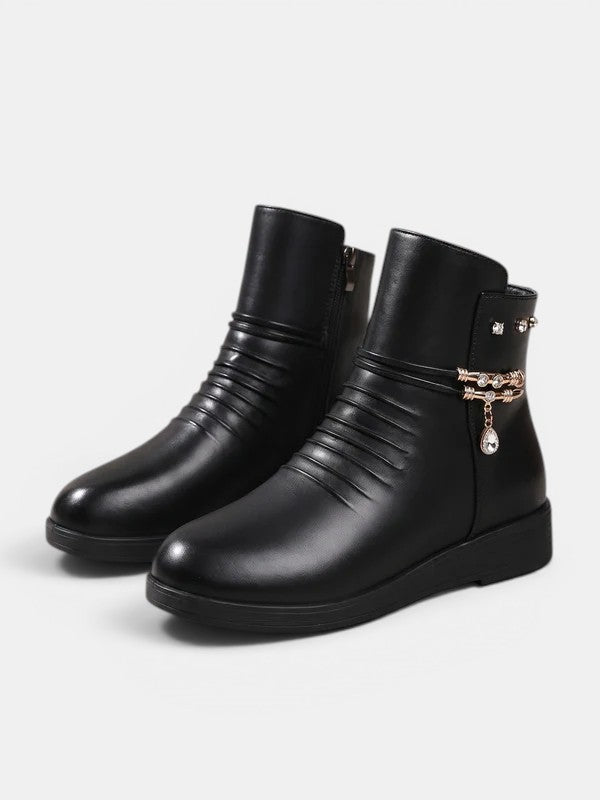 Women's Wedge Ankle Boots with Ruched Detail and Jewel Chain Embellishment