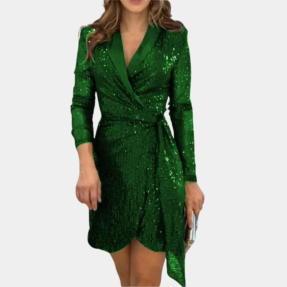 Women’s Sequin Blazer Dress – Wrap Front, Belted Waist
