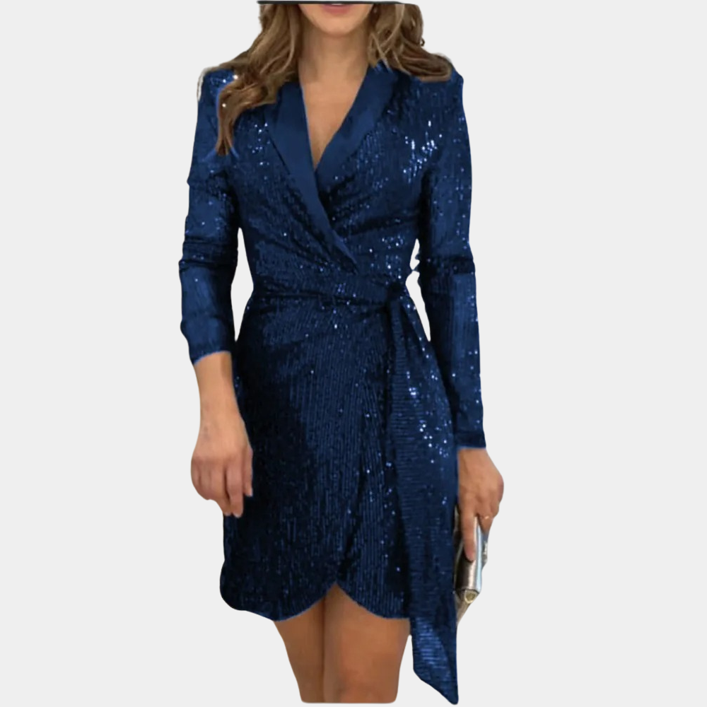 Women’s Sequin Blazer Dress – Wrap Front, Belted Waist