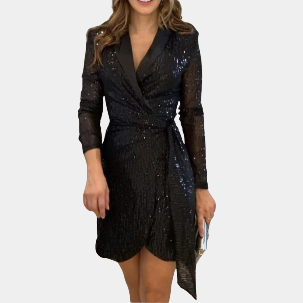 Women’s Sequin Blazer Dress – Wrap Front, Belted Waist