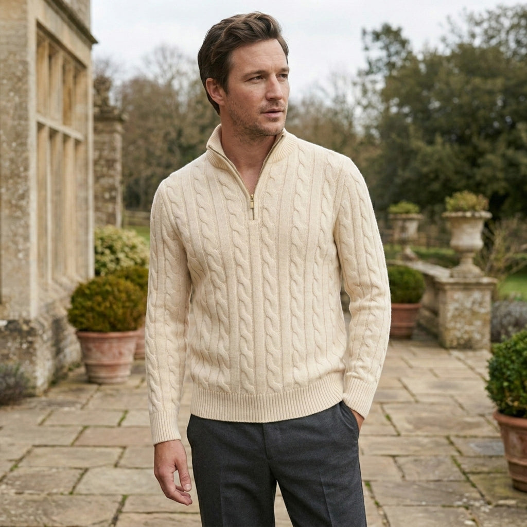 Men’s Cable Knit Quarter Zip Sweater Cotton Blend Pullover SnugBubs Australia
