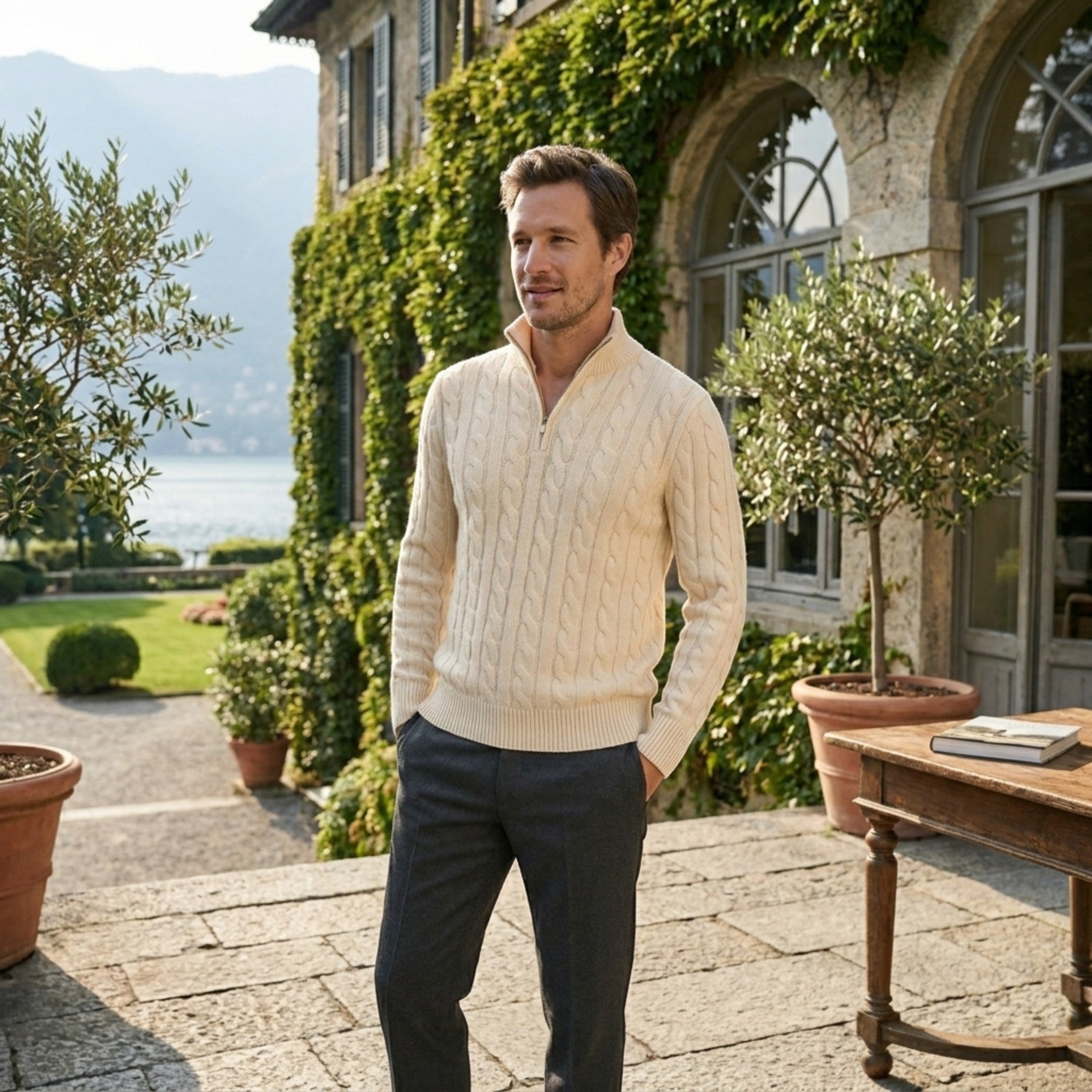 Men’s Cable Knit Quarter Zip Sweater Cotton Blend Pullover SnugBubs Australia