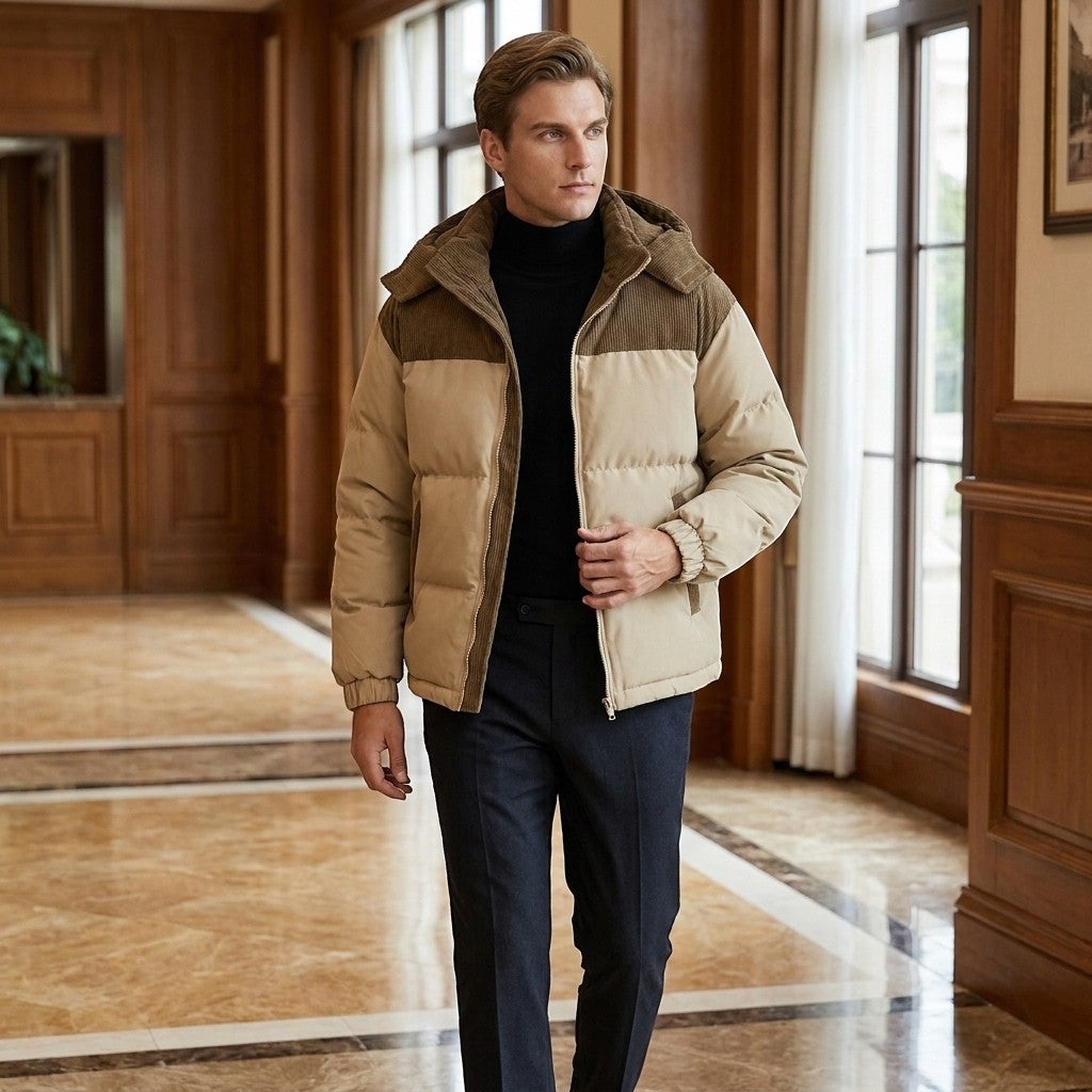 Men’s Hooded Puffer Jacket with Corduroy Winter Coat SnugBubs Australia