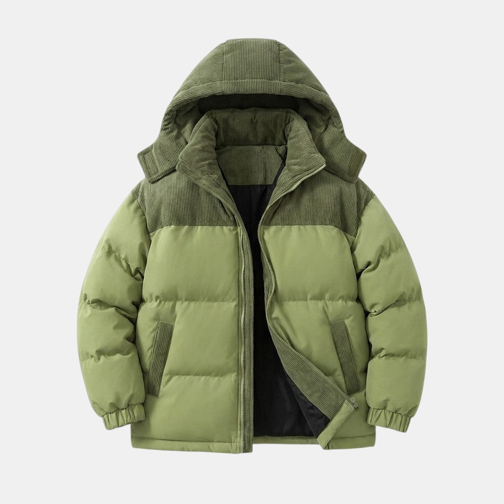 Men’s Hooded Puffer Jacket with Corduroy Winter Coat SnugBubs Australia