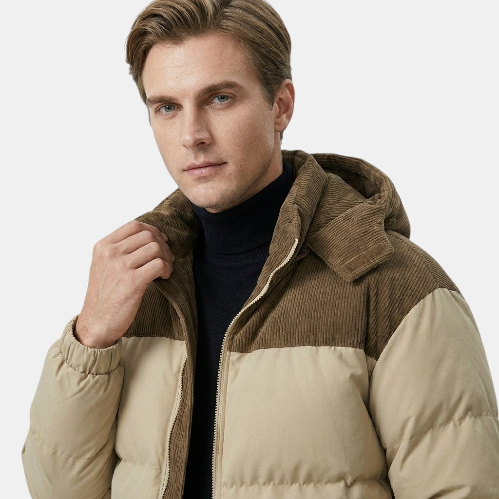 Men’s Hooded Puffer Jacket with Corduroy Winter Coat SnugBubs Australia
