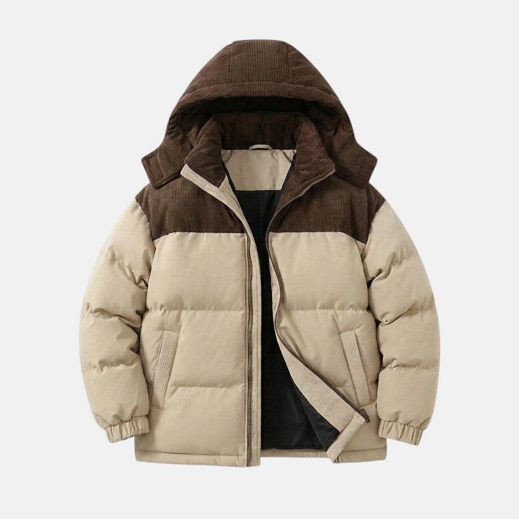 Men’s Hooded Puffer Jacket with Corduroy Winter Coat SnugBubs Australia