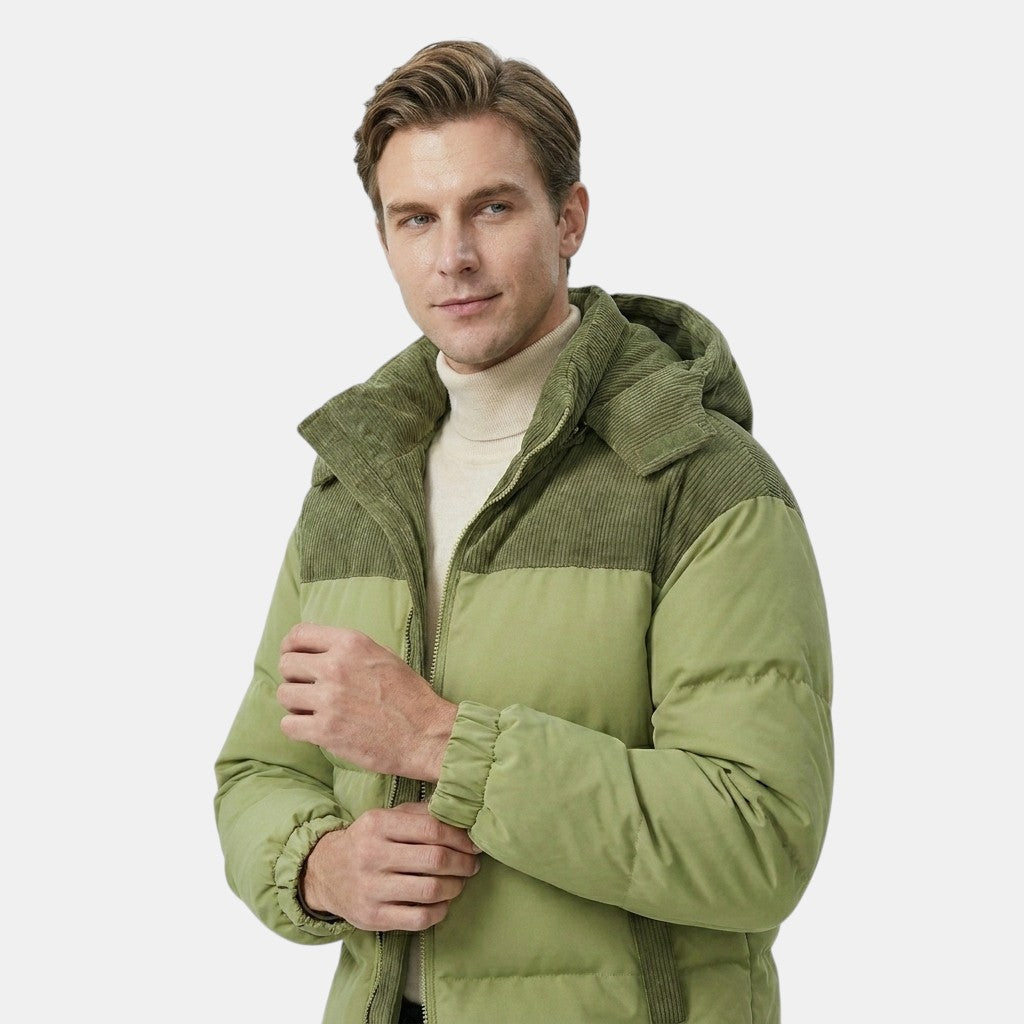 Men’s Hooded Puffer Jacket with Corduroy Winter Coat SnugBubs Australia
