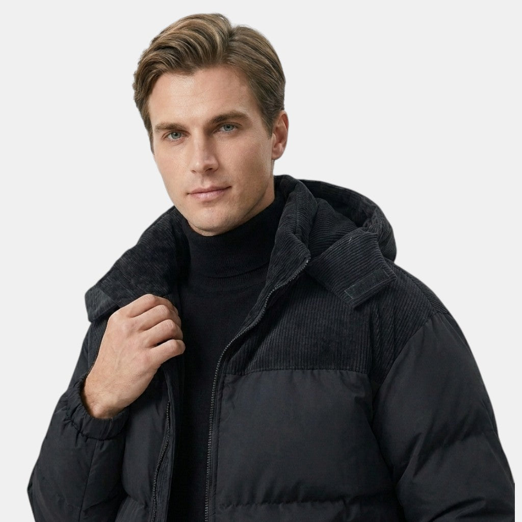 Men’s Hooded Puffer Jacket with Corduroy Winter Coat SnugBubs Australia