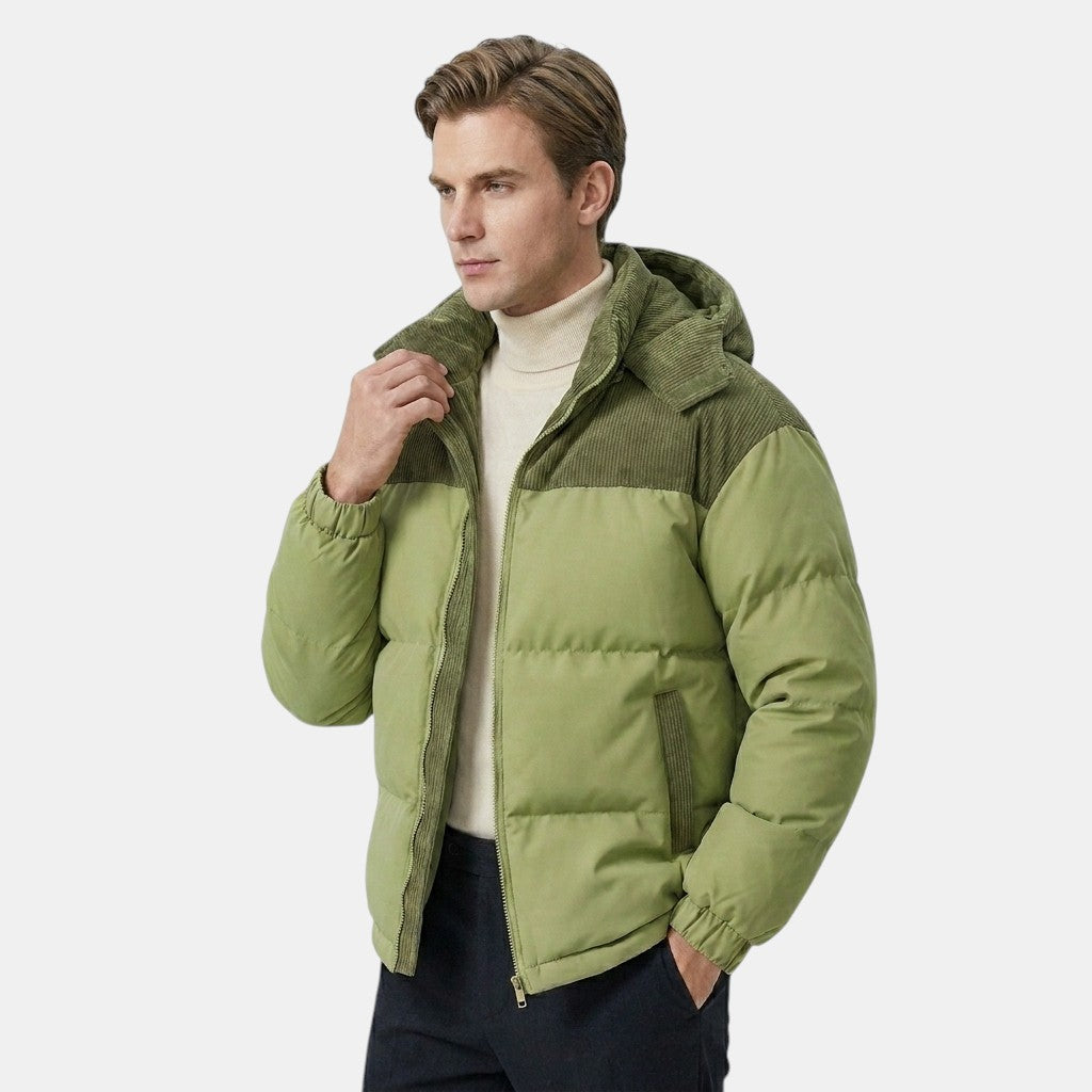 Men’s Hooded Puffer Jacket with Corduroy Winter Coat SnugBubs Australia