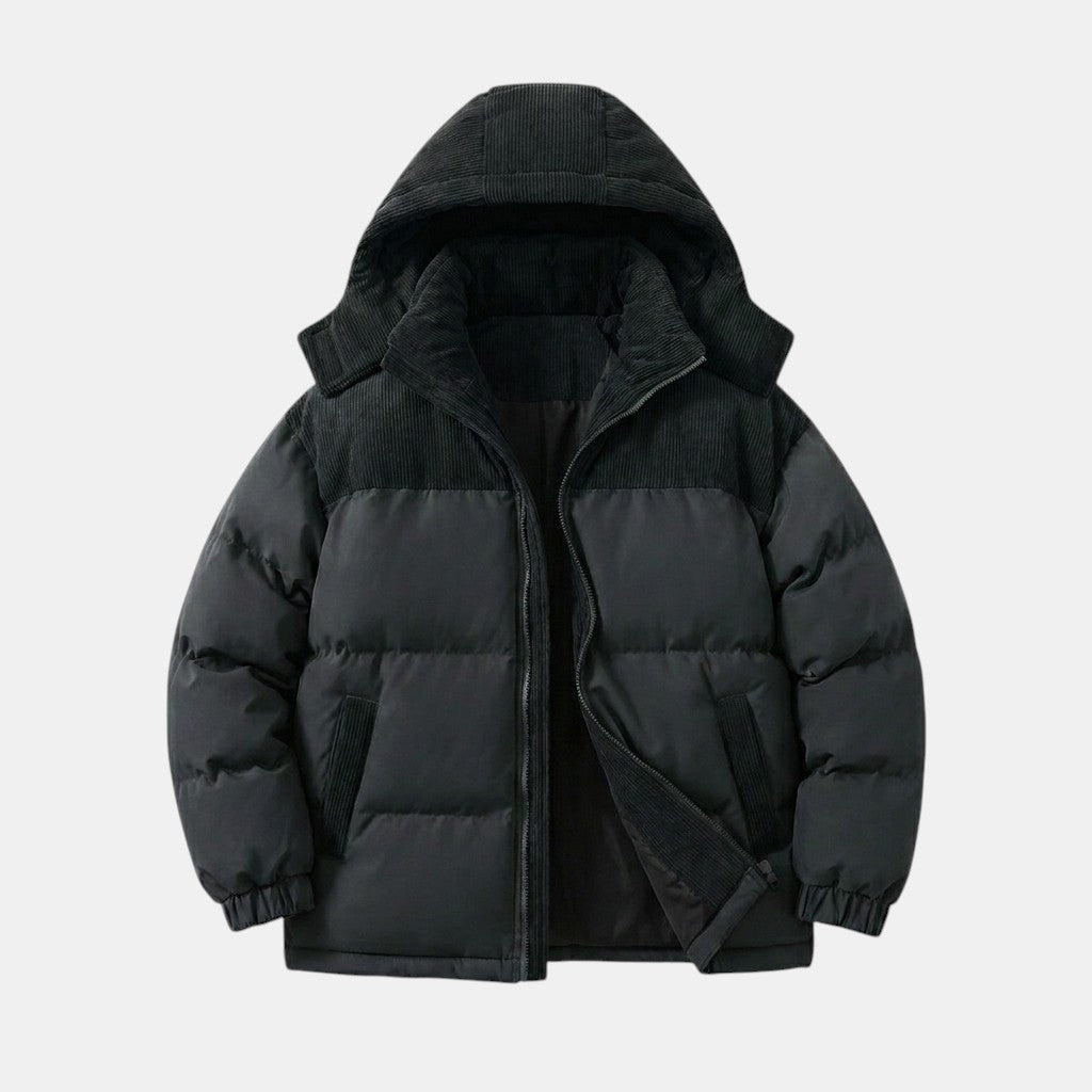 Men’s Hooded Puffer Jacket with Corduroy Winter Coat SnugBubs Australia