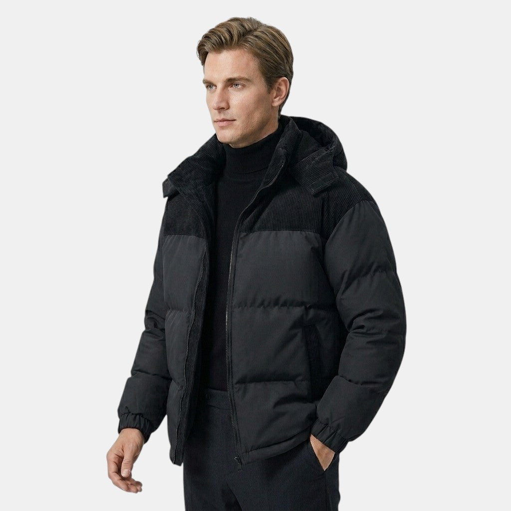 Men’s Hooded Puffer Jacket with Corduroy Winter Coat SnugBubs Australia