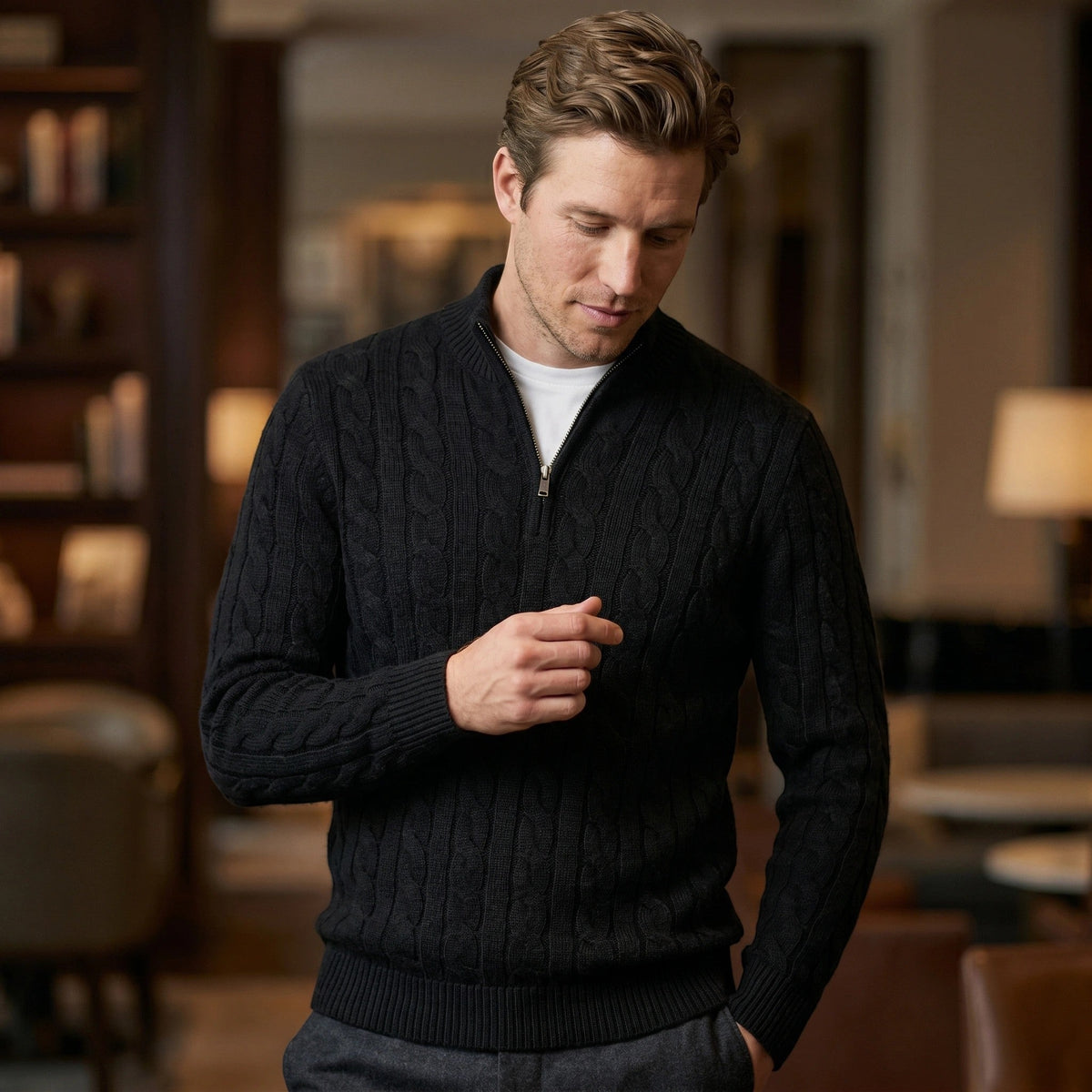 Men’s Quarter Zip Knit Sweater Classic Cable Texture SnugBubs Australia