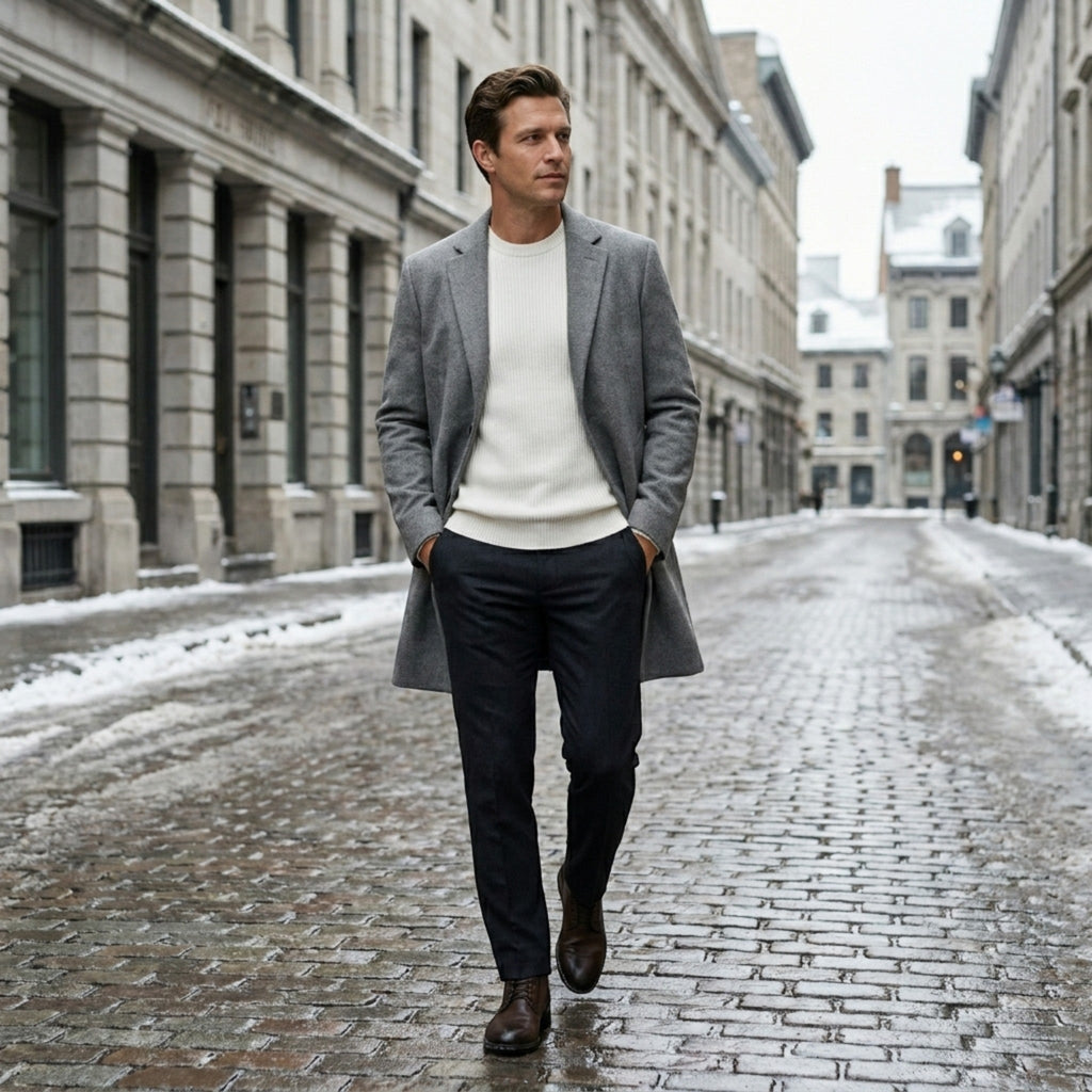 Men’s Wool Blend Coat Tailored Gray Winter Overcoat SnugBubs Australia