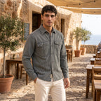 Men's Button Down Shirt with Vertical Stripes and Flap Pockets
