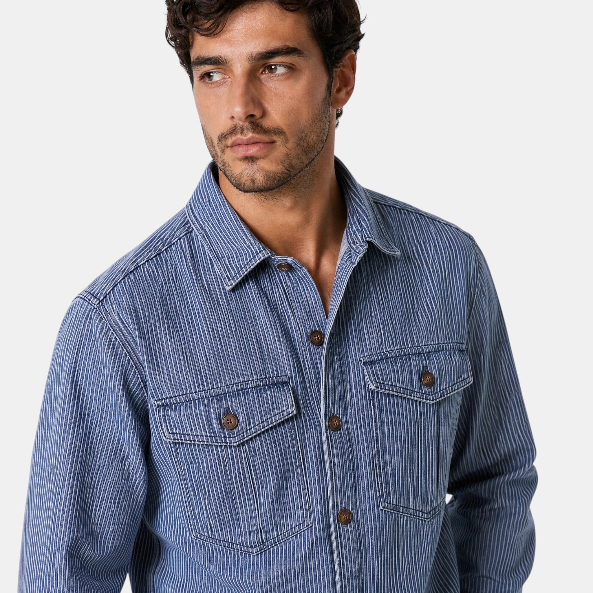 Men's Button Down Shirt with Vertical Stripes and Flap Pockets