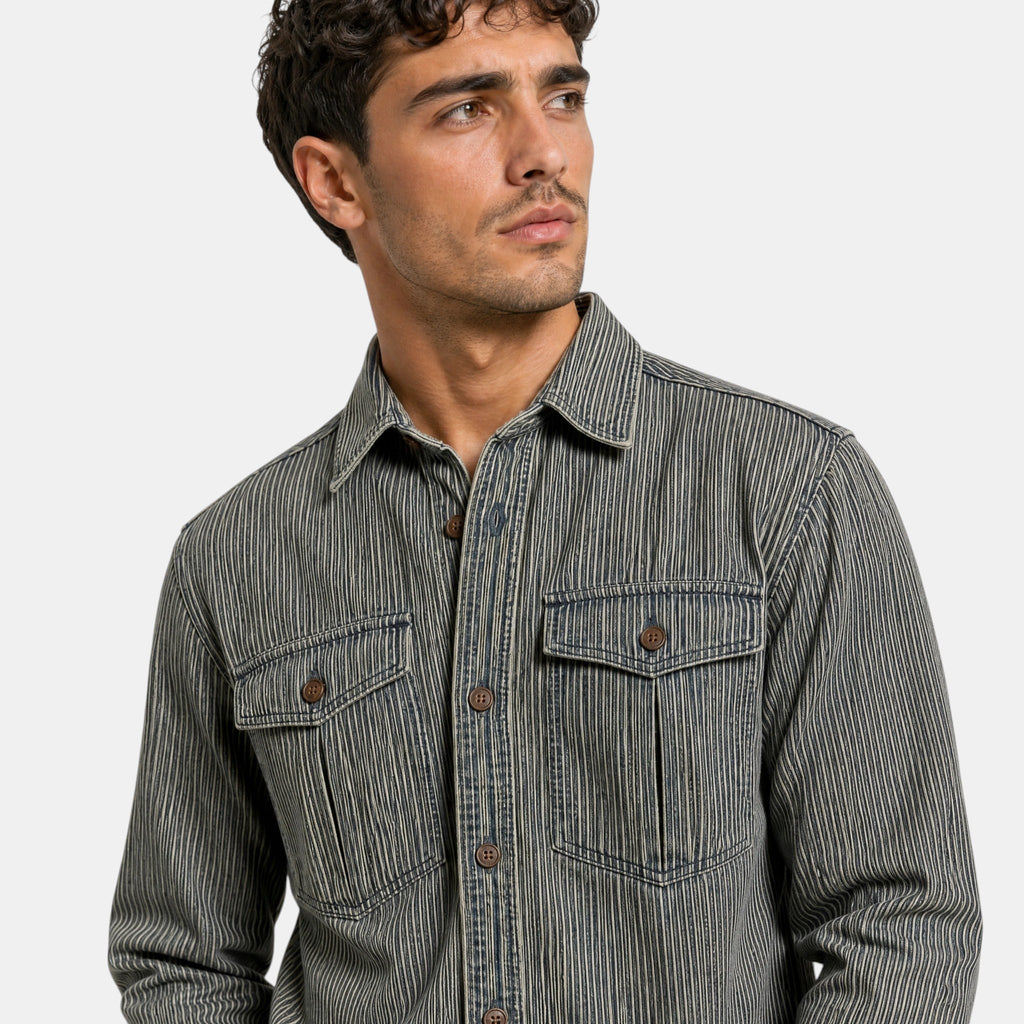 Men's Button Down Shirt with Vertical Stripes and Flap Pockets
