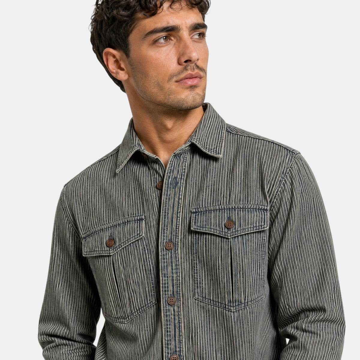 Men's Button Down Shirt with Vertical Stripes and Flap Pockets