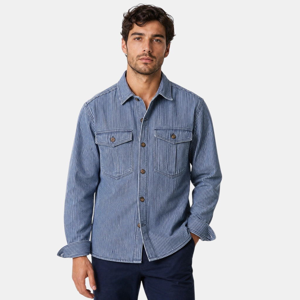 Men's Button Down Shirt with Vertical Stripes and Flap Pockets