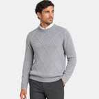 Men's Crew Neck Sweater with Diamond Pattern and Ribbed Trim