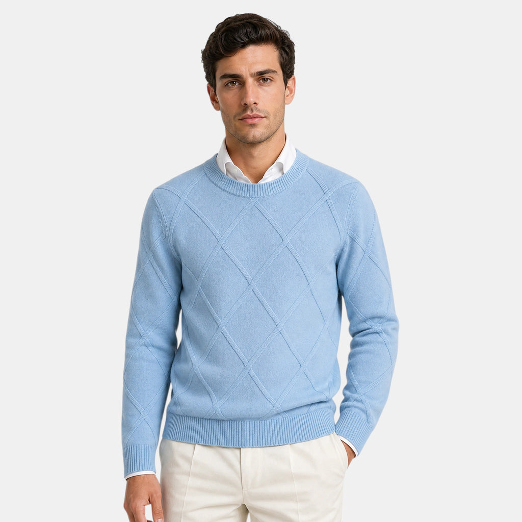 Men's Crew Neck Sweater with Diamond Pattern and Ribbed Trim